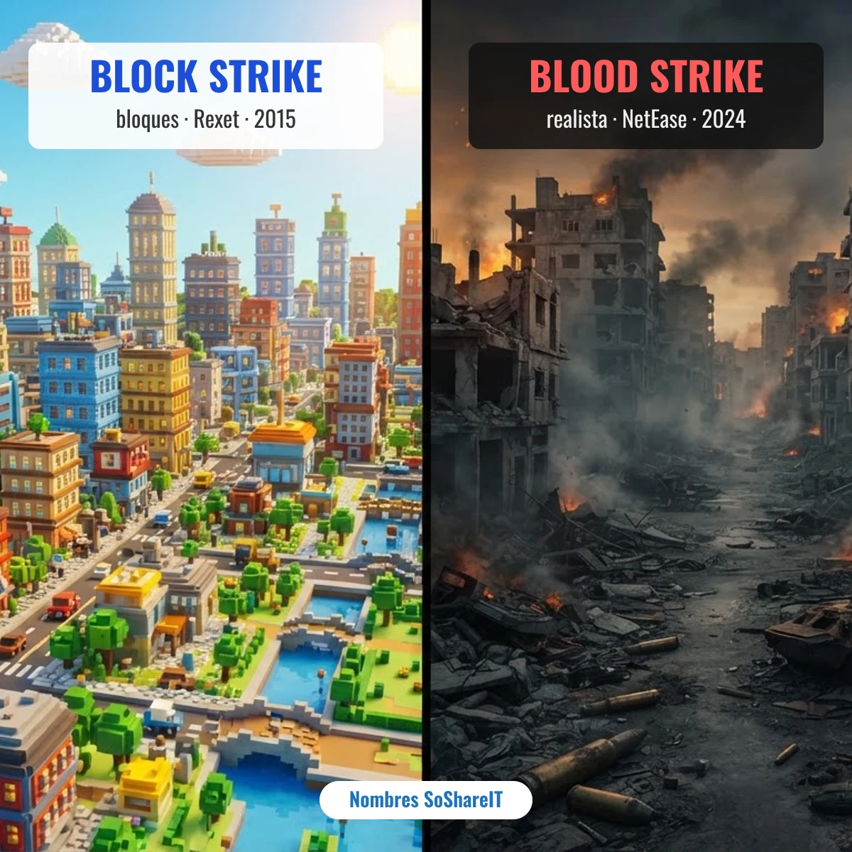 Block Strike (bloques, Rexet, 2015) frente a Blood Strike (realista, NetEase, 2024)