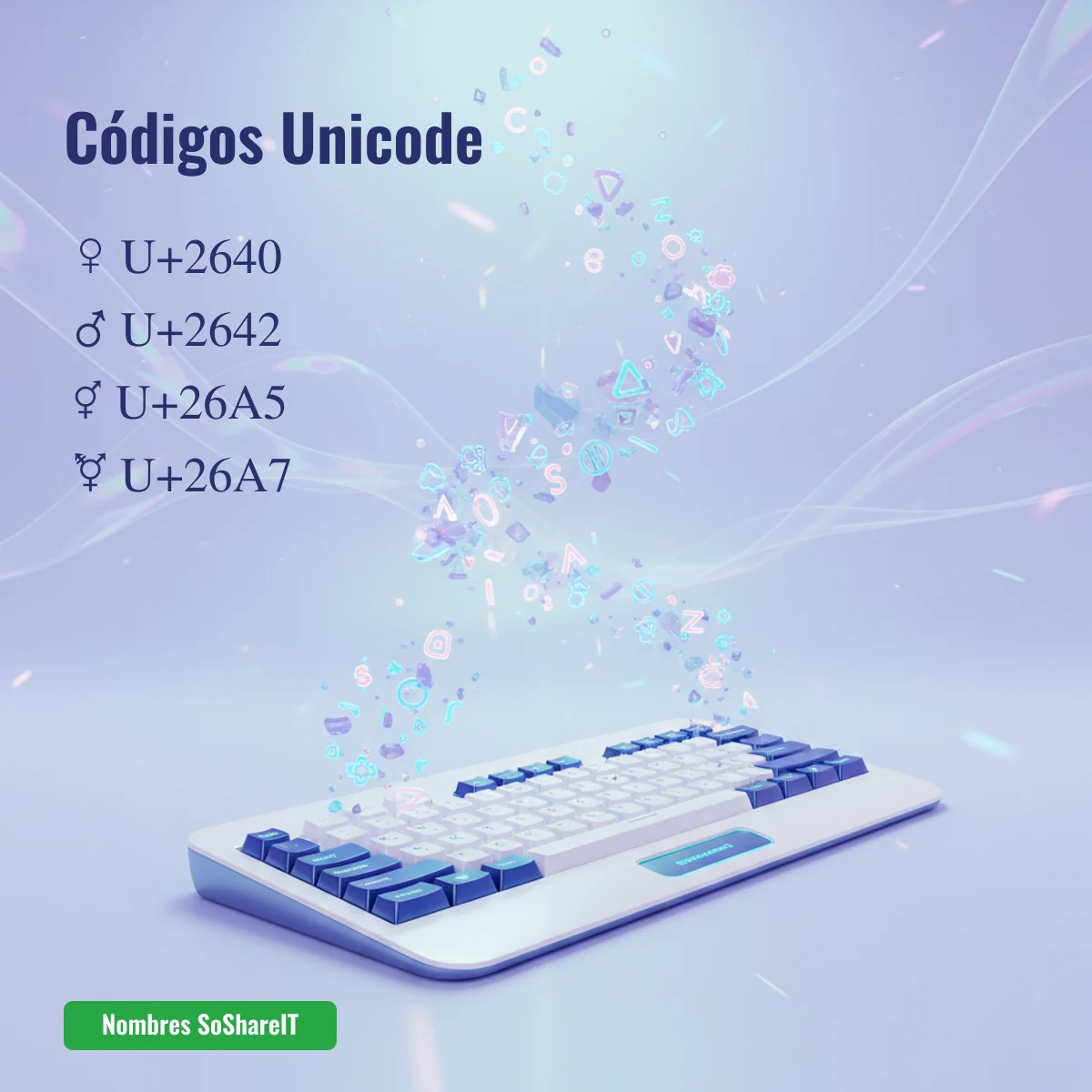 Códigos Unicode de los símbolos masculino y femenino: U+2640, U+2642, U+26A5, U+26A7