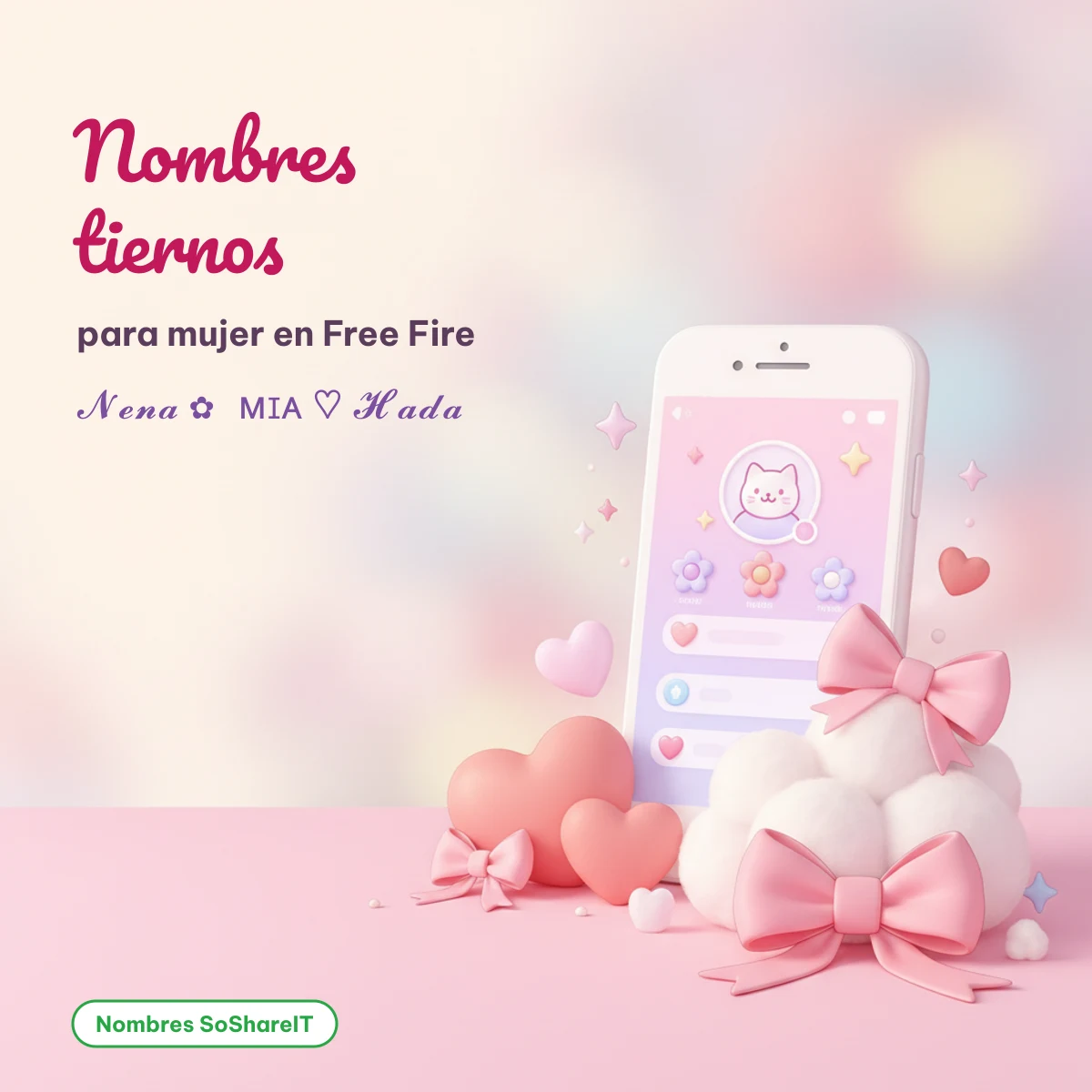 Nombres tiernos para mujer en Free Fire con moños y corazones
